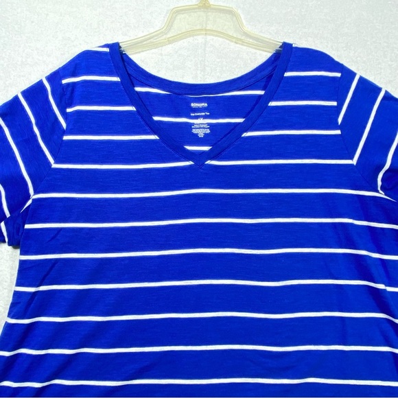 Sonoma Everyday Tee Women's 1X Blue White Striped Short Sleeve V Neck Casual Top - Picture 2 of 9